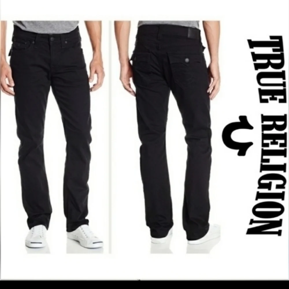 True Religion Ricky‎ Straight Denim Jeans Jet Black w/Flaps 32x35 Super T Stitch